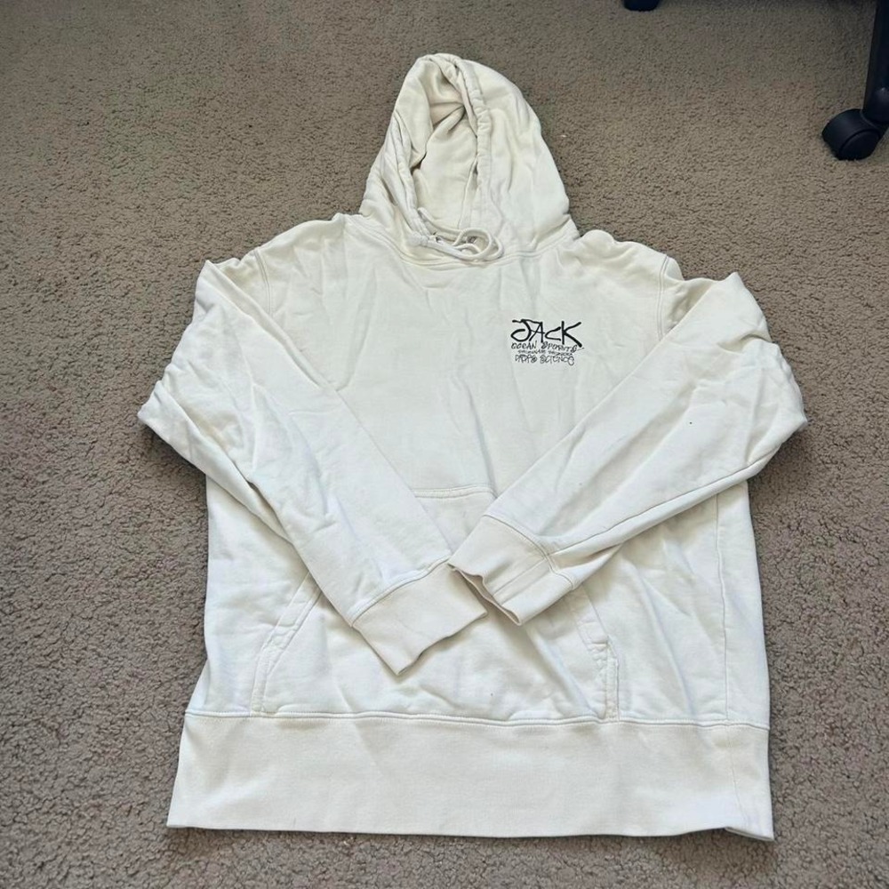 White Japanese surf company hoodie with black graphics‎